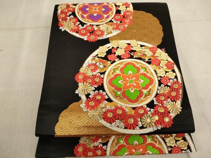 平和屋着物∵子供　全通柄袋帯　唐織　正倉院花文　黒地　金糸　逸品　AABE2178ja