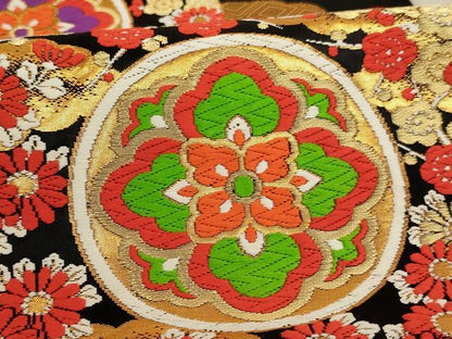 平和屋着物∵子供　全通柄袋帯　唐織　正倉院花文　黒地　金糸　逸品　AABE2178ja