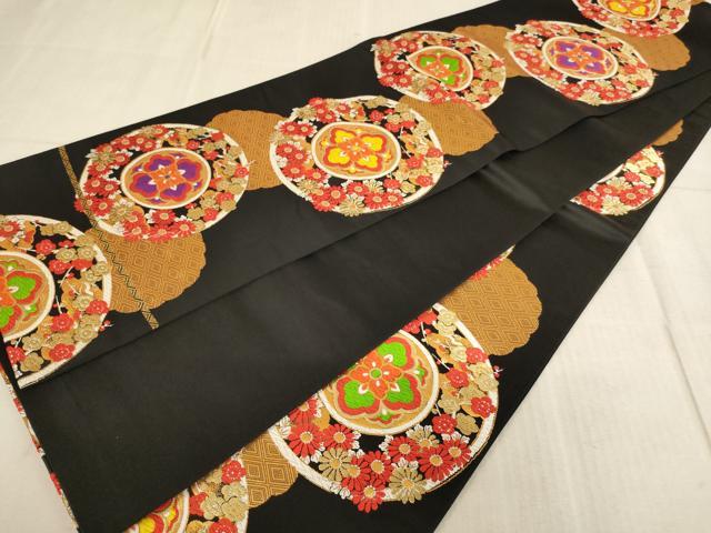 平和屋着物∵子供　全通柄袋帯　唐織　正倉院花文　黒地　金糸　逸品　AABE2178ja
