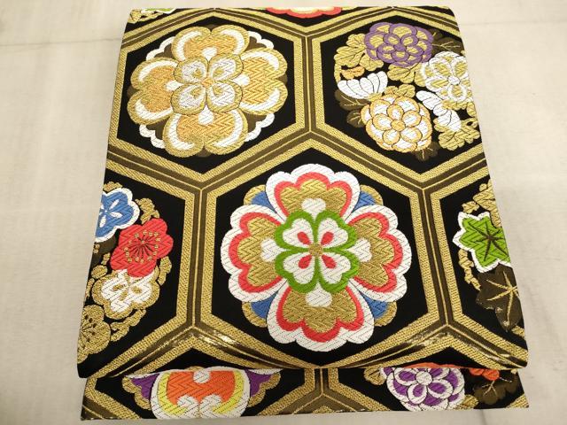平和屋着物∵子供　全通柄袋帯　唐織　亀甲花文　黒地　金銀糸　AABE2180ja