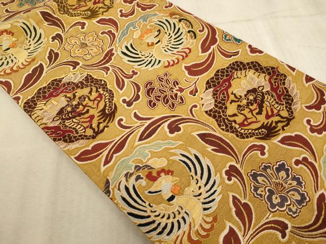 平和屋着物∵子供　全通柄袋帯　龍　鳳凰花文　金糸　逸品　未使用　AABE2182ja