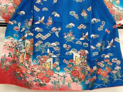 平和屋着物[]七五三　女の子　７歳　祝着　四つ身　飛鶴御所車花文　暈し染め　金彩　正絹　逸品　AABE2227ja