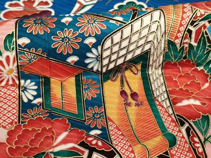 平和屋着物[]七五三　女の子　７歳　祝着　四つ身　飛鶴御所車花文　暈し染め　金彩　正絹　逸品　AABE2227ja