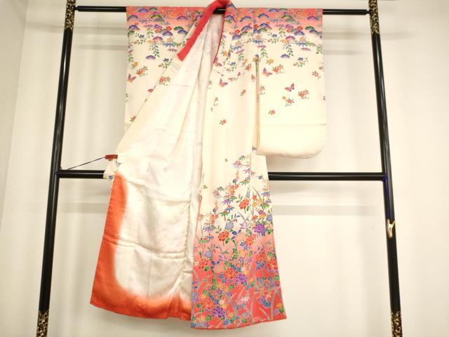 平和屋着物[]七五三　女の子　７歳　祝着　四つ身　長襦袢(無双仕立て・半衿刺繍)セット　型染め　草花文　暈し染め　逸品　AABE2229ja