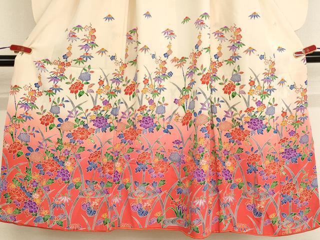 平和屋着物[]七五三　女の子　７歳　祝着　四つ身　長襦袢(無双仕立て・半衿刺繍)セット　型染め　草花文　暈し染め　逸品　AABE2229ja