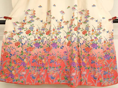 平和屋着物[]七五三 女の子 ７歳 祝着 四つ身 長襦袢(無双仕立て・半衿刺繍)セット 型染め 草花文 暈し染め 逸品 AABE2229ja