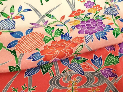 平和屋着物[]七五三　女の子　７歳　祝着　四つ身　長襦袢(無双仕立て・半衿刺繍)セット　型染め　草花文　暈し染め　逸品　AABE2229ja