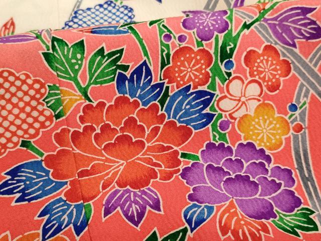 平和屋着物[]七五三 女の子 ７歳 祝着 四つ身 長襦袢(無双仕立て・半衿刺繍)セット 型染め 草花文 暈し染め 逸品 AABE2229ja
