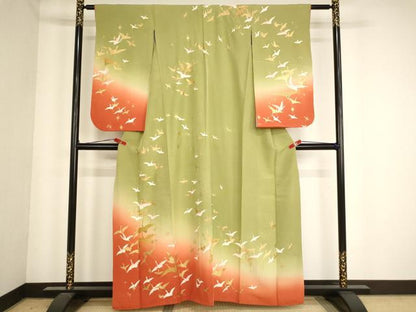 平和屋着物∵女の子 十三参り 子供 祝着 飛鶴文 暈し染め 金彩 正絹 逸品 AABE2230ja