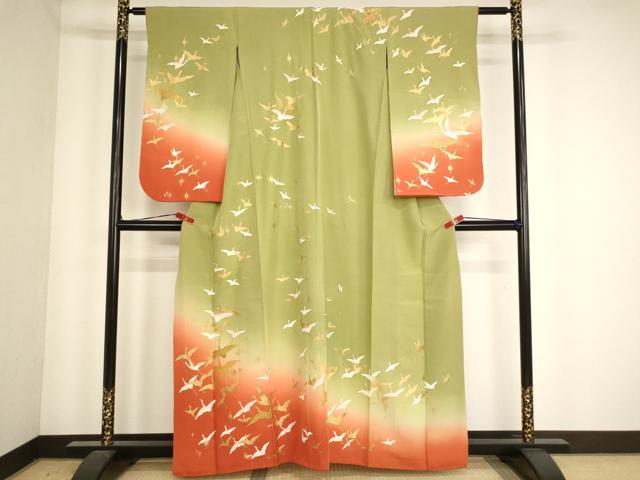 平和屋着物∵女の子 十三参り 子供 祝着 飛鶴文 暈し染め 金彩 正絹 逸品 AABE2230ja