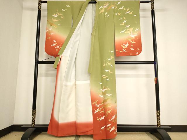 平和屋着物∵女の子 十三参り 子供 祝着 飛鶴文 暈し染め 金彩 正絹 逸品 AABE2230ja
