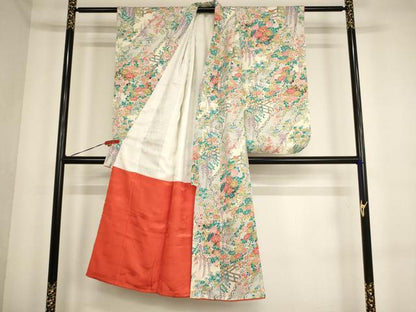 平和屋着物[]七五三　女の子　７歳　祝着　四つ身　草花文　正絹　逸品　AABE2240ja