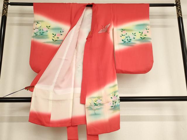 平和屋着物[]七五三　女の子　３歳　祝着　一つ身　作家物　寿光織　鈴　飛鶴花文　暈し染め　金彩　正絹　逸品　AABE2243ja