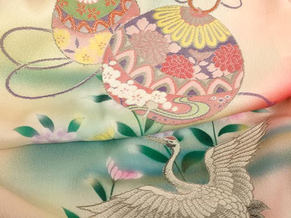 平和屋着物[]七五三　女の子　３歳　祝着　一つ身　作家物　寿光織　鈴　飛鶴花文　暈し染め　金彩　正絹　逸品　AABE2243ja