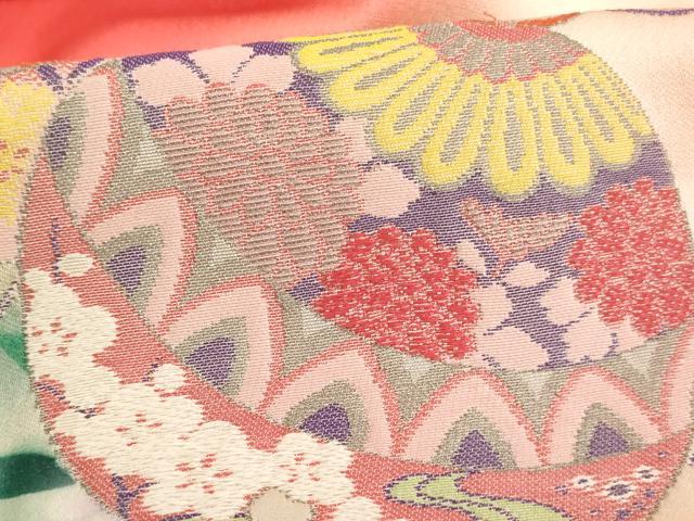 平和屋着物[]七五三　女の子　３歳　祝着　一つ身　作家物　寿光織　鈴　飛鶴花文　暈し染め　金彩　正絹　逸品　AABE2243ja