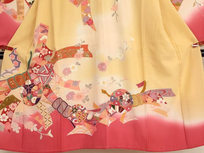 平和屋着物[]七五三 女の子 ７歳 祝着 四つ身 長襦袢(無双仕立・半衿刺繍)セット 友禅 束ね熨斗花手毬文 暈し染め 金銀彩 逸品 AABE2244ja