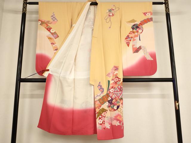 平和屋着物[]七五三 女の子 ７歳 祝着 四つ身 長襦袢(無双仕立・半衿刺繍)セット 友禅 束ね熨斗花手毬文 暈し染め 金銀彩 逸品 AABE2244ja