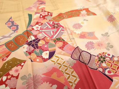 平和屋着物[]七五三 女の子 ７歳 祝着 四つ身 長襦袢(無双仕立・半衿刺繍)セット 友禅 束ね熨斗花手毬文 暈し染め 金銀彩 逸品 AABE2244ja