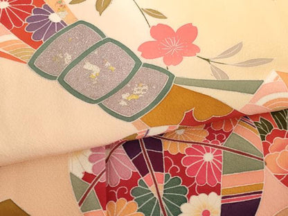 平和屋着物[]七五三 女の子 ７歳 祝着 四つ身 長襦袢(無双仕立・半衿刺繍)セット 友禅 束ね熨斗花手毬文 暈し染め 金銀彩 逸品 AABE2244ja
