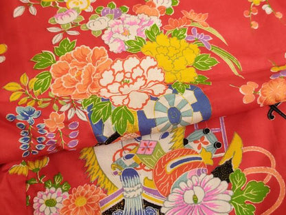 平和屋着物[]七五三　女の子　３歳　祝着　一つ身　袖無し羽織セット　宝船　花車文　正絹　逸品　AABE2248ja