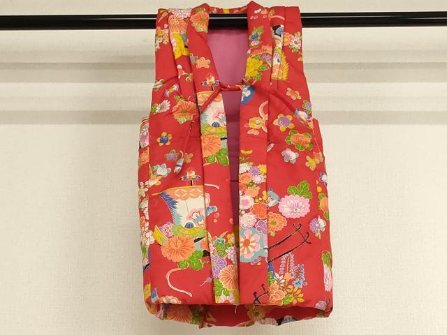 平和屋着物[]七五三　女の子　３歳　祝着　一つ身　袖無し羽織セット　宝船　花車文　正絹　逸品　AABE2248ja