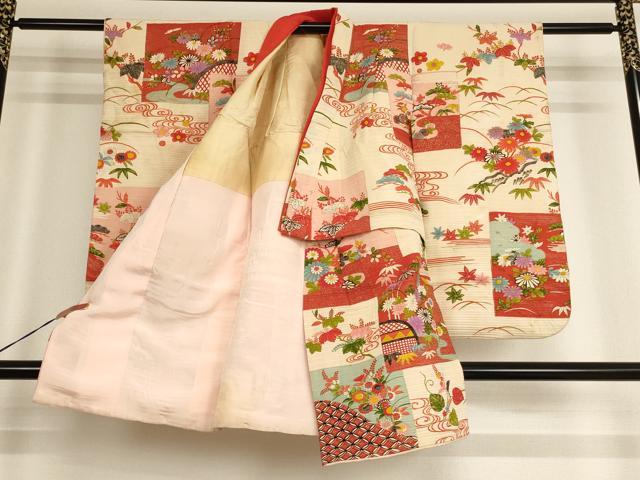 平和屋着物[]セミアンティーク　七五三　女の子　３歳　祝着　三つ身　色紙草花文　金彩　正絹　逸品　AABE2249ja