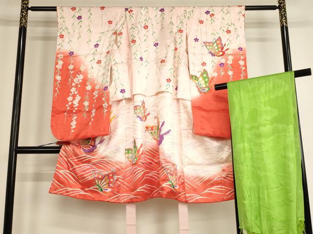 平和屋着物[]七五三　女の子　5歳　祝着・志古貴セット　舞蝶枝垂れ桜文　暈し染め　金彩　正絹　逸品　未使用　AABE2250ja