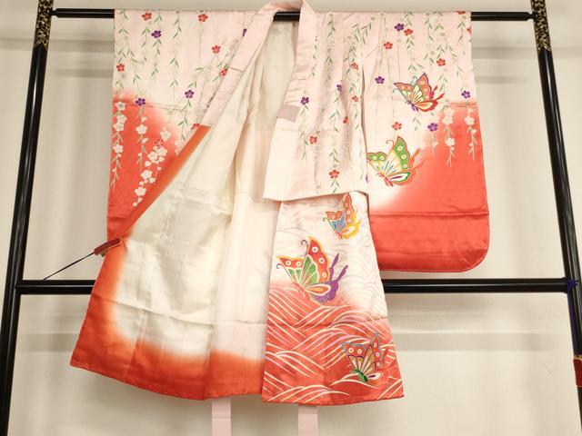 平和屋着物[]七五三　女の子　5歳　祝着・志古貴セット　舞蝶枝垂れ桜文　暈し染め　金彩　正絹　逸品　未使用　AABE2250ja