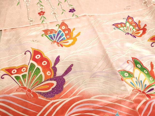 平和屋着物[]七五三　女の子　5歳　祝着・志古貴セット　舞蝶枝垂れ桜文　暈し染め　金彩　正絹　逸品　未使用　AABE2250ja