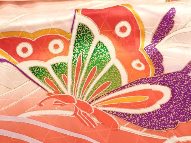 平和屋着物[]七五三　女の子　5歳　祝着・志古貴セット　舞蝶枝垂れ桜文　暈し染め　金彩　正絹　逸品　未使用　AABE2250ja