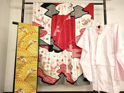 平和屋着物[]七五三　女の子　７歳　祝着　四つ身　長襦袢・袋帯セット　鈴花文　金彩　逸品　AABE2252ja