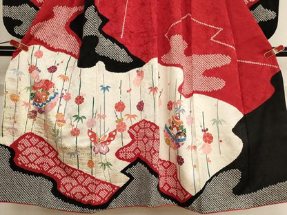 平和屋着物[]七五三　女の子　７歳　祝着　四つ身　長襦袢・袋帯セット　鈴花文　金彩　逸品　AABE2252ja