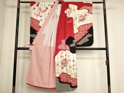 平和屋着物[]七五三　女の子　７歳　祝着　四つ身　長襦袢・袋帯セット　鈴花文　金彩　逸品　AABE2252ja