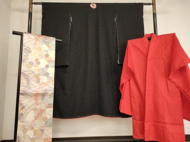 平和屋着物[]七五三　女の子　７歳　祝着　四つ身　長襦袢・袋帯セット　枝花地紋　黒地　逸品　AABE2253ja