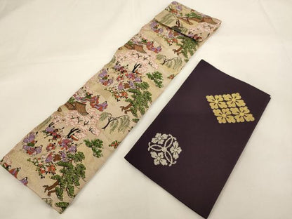 平和屋本店▼数珠・念珠入れ　仏具入れ2点セット　花丸花菱文　人物風景文　法衣　寺院　仏具　仏教　僧侶　神職　装束　AABE2352ja