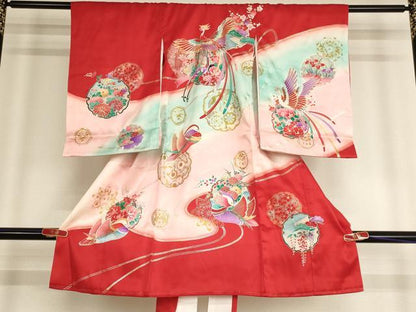 平和屋着物[]お宮参り　女の子　祝着　産着　初着　のしめ　雪輪花鳥文　鳳凰　鴛鴦　暈し染め　金銀彩　逸品　AABE2355ja
