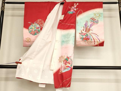平和屋着物[]お宮参り　女の子　祝着　産着　初着　のしめ　雪輪花鳥文　鳳凰　鴛鴦　暈し染め　金銀彩　逸品　AABE2355ja