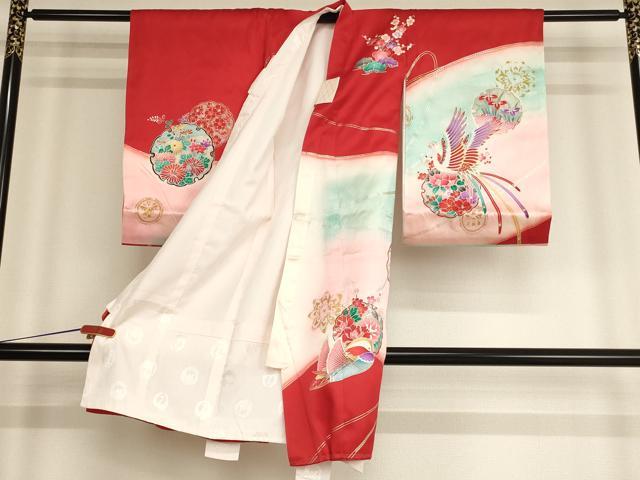 平和屋着物[]お宮参り　女の子　祝着　産着　初着　のしめ　雪輪花鳥文　鳳凰　鴛鴦　暈し染め　金銀彩　逸品　AABE2355ja