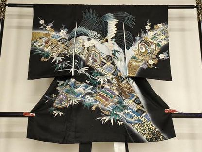 平和屋着物[]お宮参り　男の子　祝着　産着　初着　のしめ　刺繍　鷹　武具　暈し染め　金糸　金彩　逸品　AABE2356ja