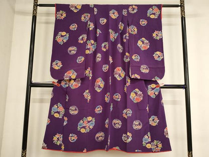 平和屋着物[]七五三　女の子　７歳　祝着　四つ身　型染め　花丸文　鬼しぼ縮緬　逸品　AABE2361ja