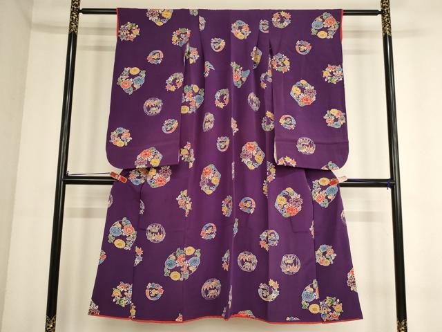 平和屋着物[]七五三　女の子　７歳　祝着　四つ身　型染め　花丸文　鬼しぼ縮緬　逸品　AABE2361ja