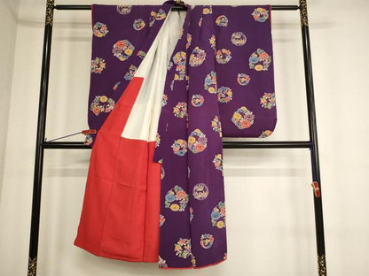 平和屋着物[]七五三　女の子　７歳　祝着　四つ身　型染め　花丸文　鬼しぼ縮緬　逸品　AABE2361ja