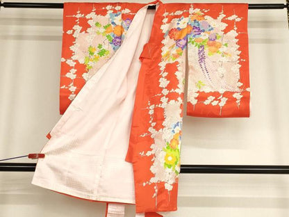 平和屋着物[]お宮参り　女の子　祝着　産着　初着　のしめ　駒刺繍　花篭鳥文　金彩　逸品　未使用　AABE2364ja