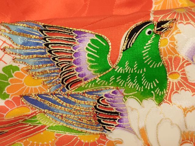 平和屋着物[]お宮参り　女の子　祝着　産着　初着　のしめ　駒刺繍　花篭鳥文　金彩　逸品　未使用　AABE2364ja