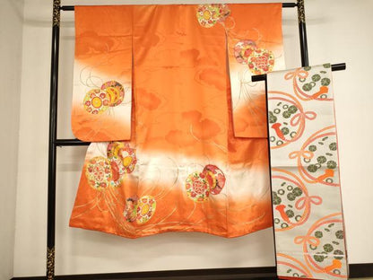 平和屋着物[]七五三　女の子　７歳　四つ身　祝着・袋帯セット　駒刺繍　鼓文　暈し染め　金彩　逸品　AABE2366ja