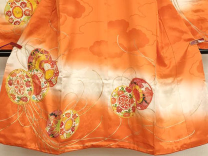 平和屋着物[]七五三　女の子　７歳　四つ身　祝着・袋帯セット　駒刺繍　鼓文　暈し染め　金彩　逸品　AABE2366ja