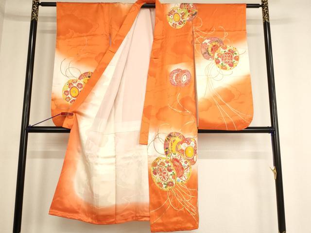 平和屋着物[]七五三　女の子　７歳　四つ身　祝着・袋帯セット　駒刺繍　鼓文　暈し染め　金彩　逸品　AABE2366ja