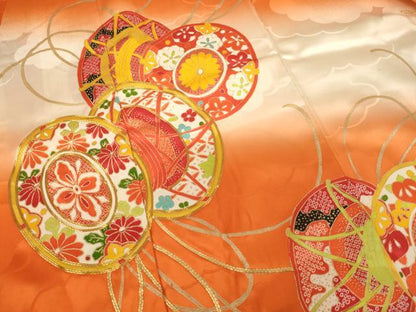 平和屋着物[]七五三　女の子　７歳　四つ身　祝着・袋帯セット　駒刺繍　鼓文　暈し染め　金彩　逸品　AABE2366ja