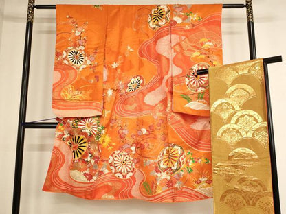 平和屋着物[]七五三　女の子　７歳　祝着・袋帯セット　駒刺繍　源氏車文　金彩　逸品　AABE2369ja