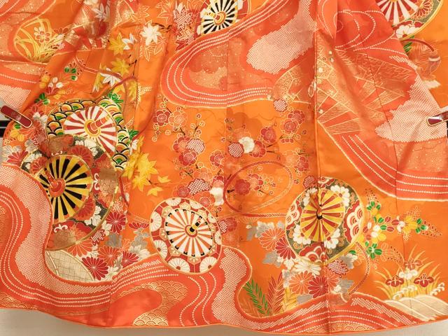平和屋着物[]七五三　女の子　７歳　祝着・袋帯セット　駒刺繍　源氏車文　金彩　逸品　AABE2369ja
